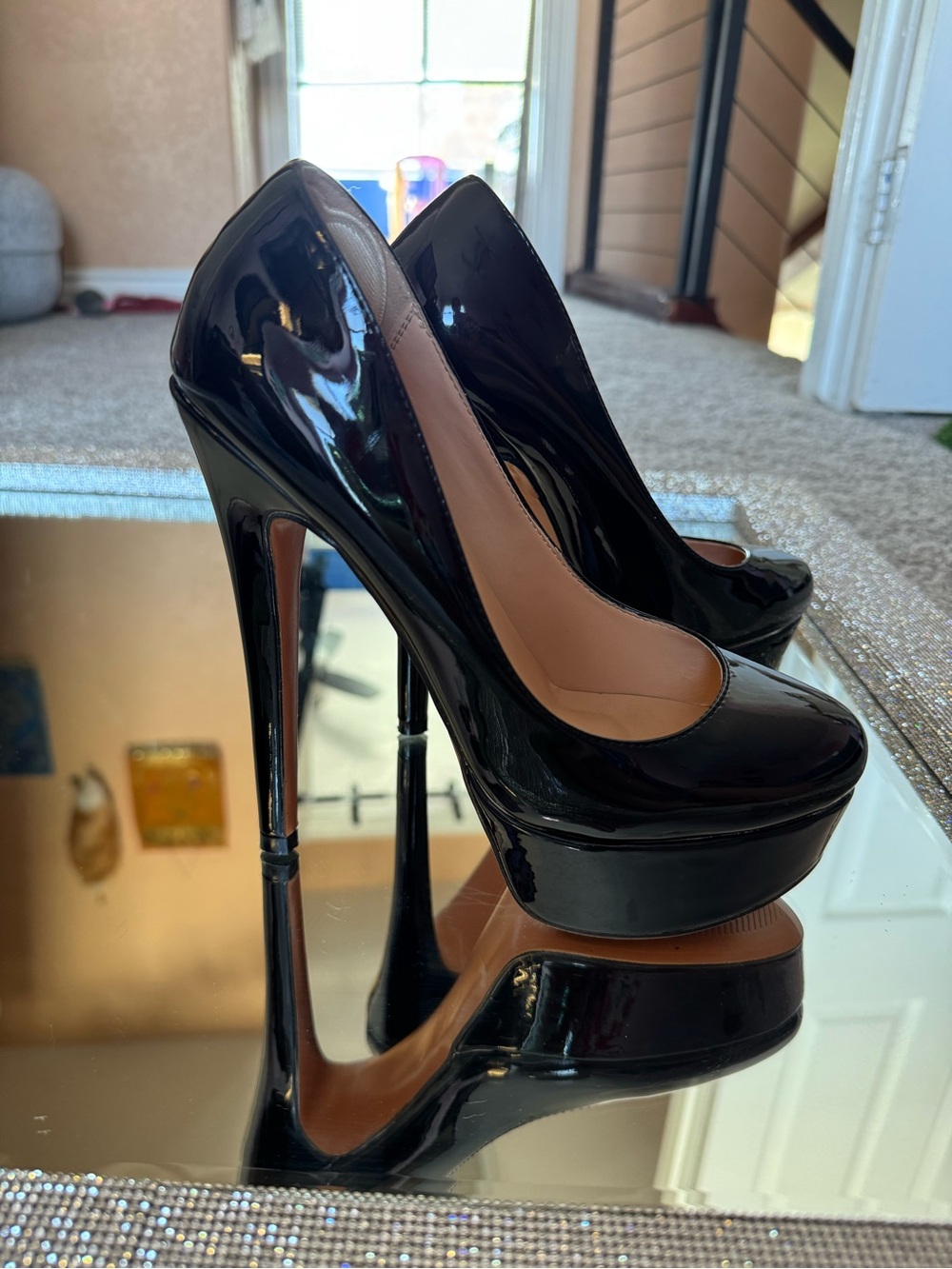 Black Patent Platform Stiletto Pumps - Women's High Heels